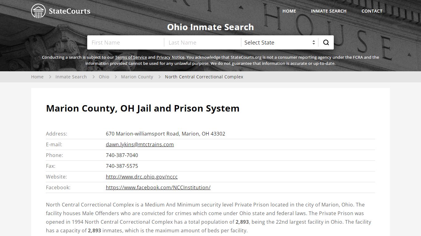 North Central Correctional Complex Inmate Records Search, Ohio ...